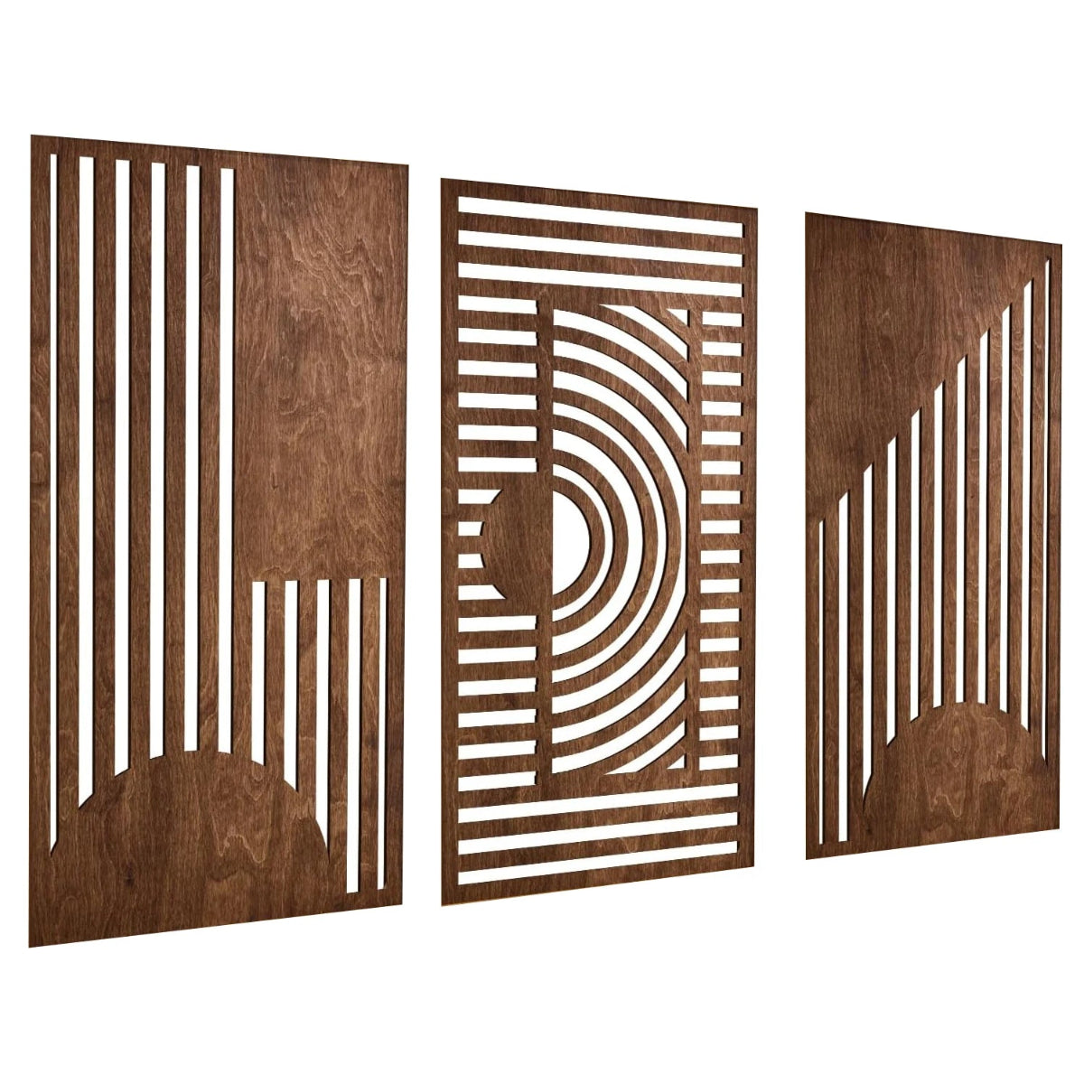 3-piece boho geometric laser-cut wooden wall art set in walnut finish featuring abstract sun and vertical stripe cutout panels on a white background — LivDecor