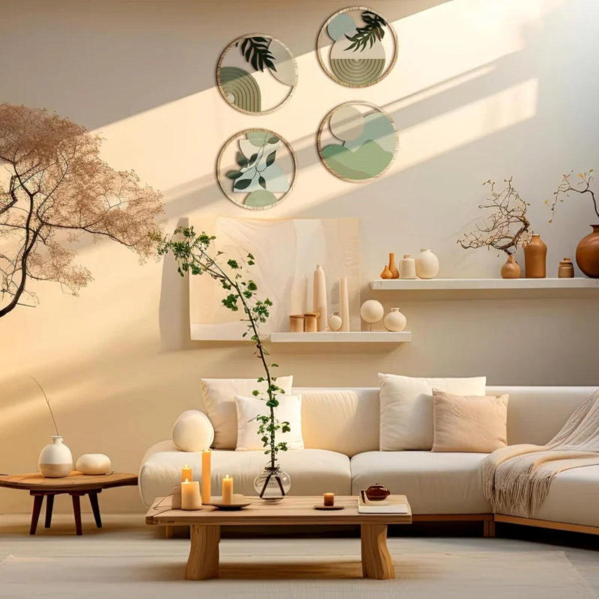 4-piece boho mid-century modern round wooden wall art set in a diamond arrangement above a cream sofa in a warm Japandi living room with sculptural branches, candles, terracotta vases, and floating shelves — LivDecor