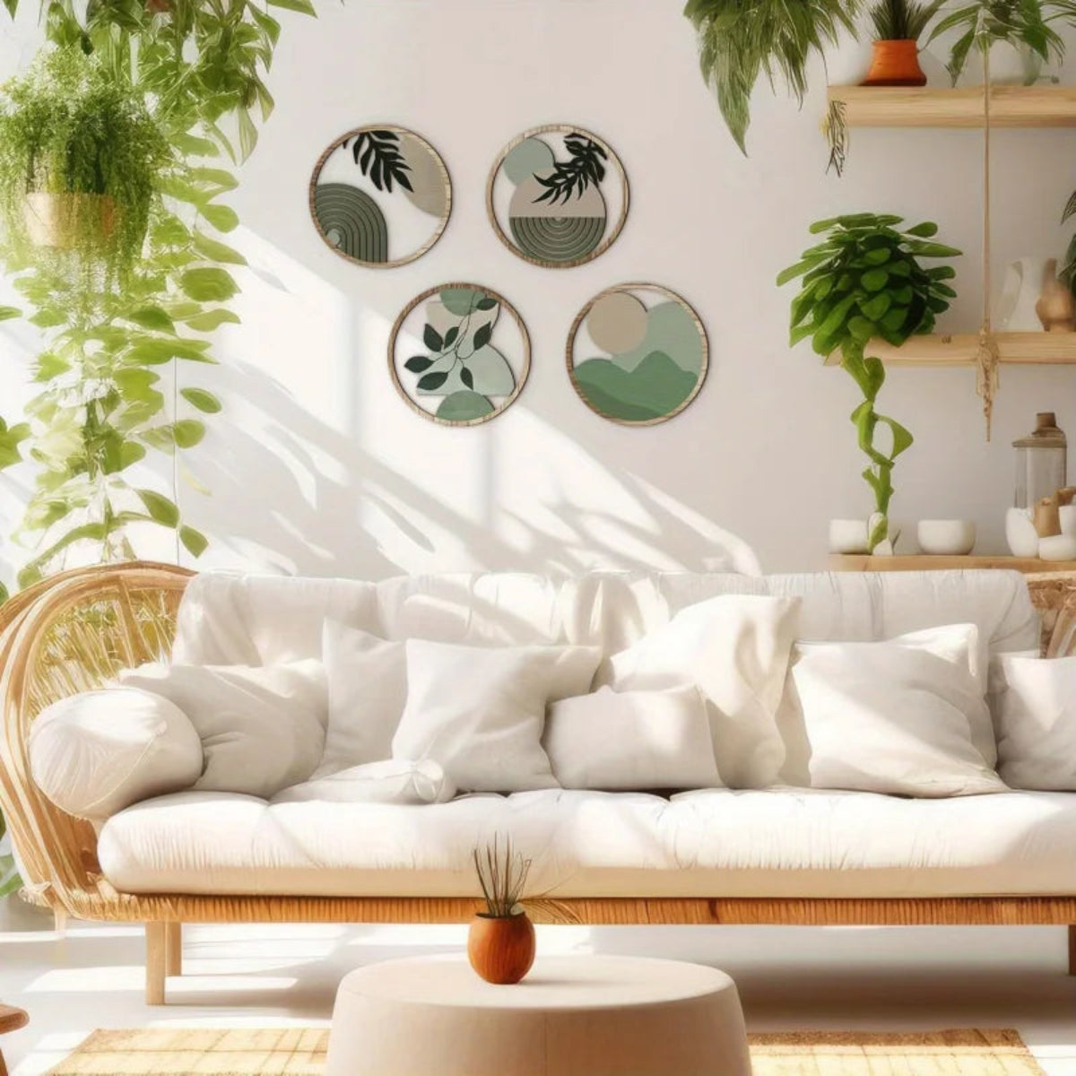 4-piece boho mid-century modern round wooden wall art set in a diamond arrangement above a rattan sofa in a bright tropical boho living room with cascading hanging plants and wooden shelving — LivDecor