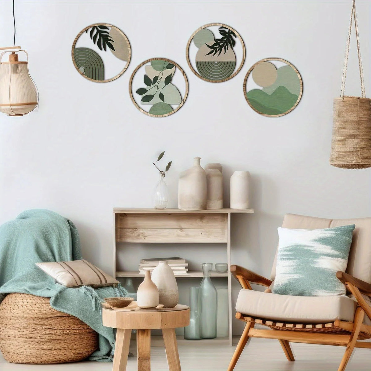 4-piece boho mid-century modern round wooden wall art set displayed in a row above a wooden console styled with cream ceramic vases in a sage green boho living room with rattan pendant light, woven pouf, and teak armchair — LivDecor