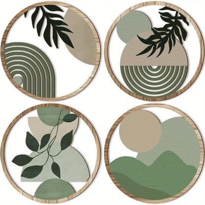 4-piece boho mid-century modern round wooden wall art set featuring sage green and taupe abstract designs with leaf, rainbow arch, vase, and landscape motifs on a white background — LivDecor