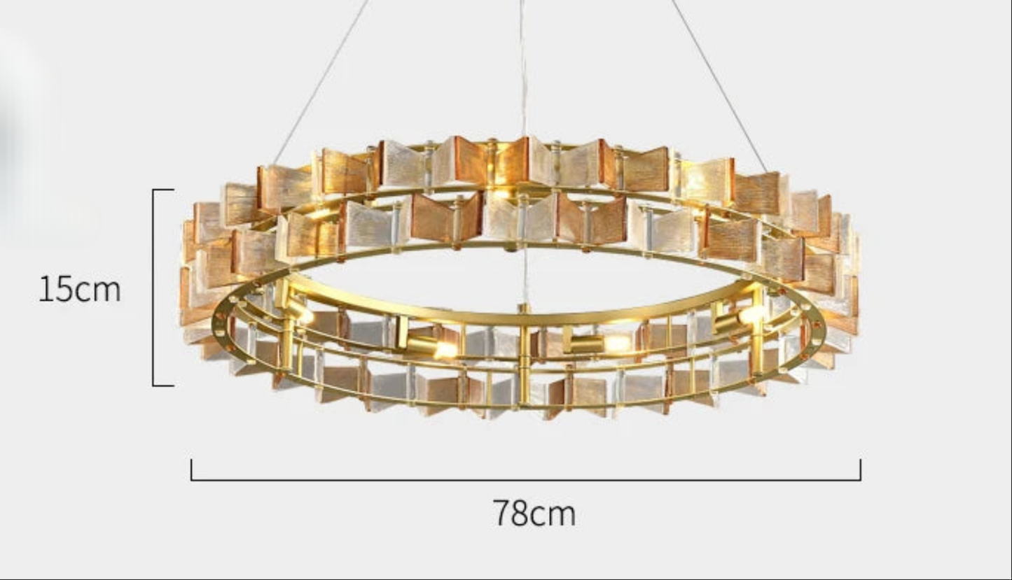 Butterfly Shadow Sunset Amber textured glass tile round chandelier on a brushed gold ring frame, showing 78cm diameter and 15cm height on a light grey background — LivDecor
