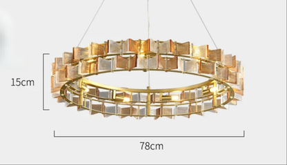 Butterfly Shadow Sunset Amber textured glass tile round chandelier on a brushed gold ring frame, showing 78cm diameter and 15cm height on a light grey background — LivDecor
