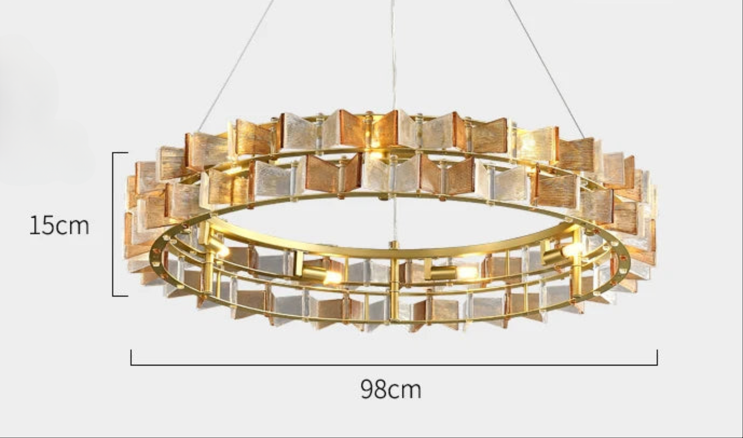 Butterfly Shadow Sunset Amber textured glass tile round chandelier on a brushed gold ring frame, showing 98cm diameter and 15cm height on a light grey background — LivDecor
