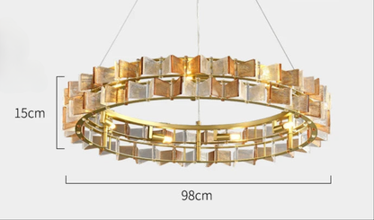 Butterfly Shadow Sunset Amber textured glass tile round chandelier on a brushed gold ring frame, showing 98cm diameter and 15cm height on a light grey background — LivDecor
