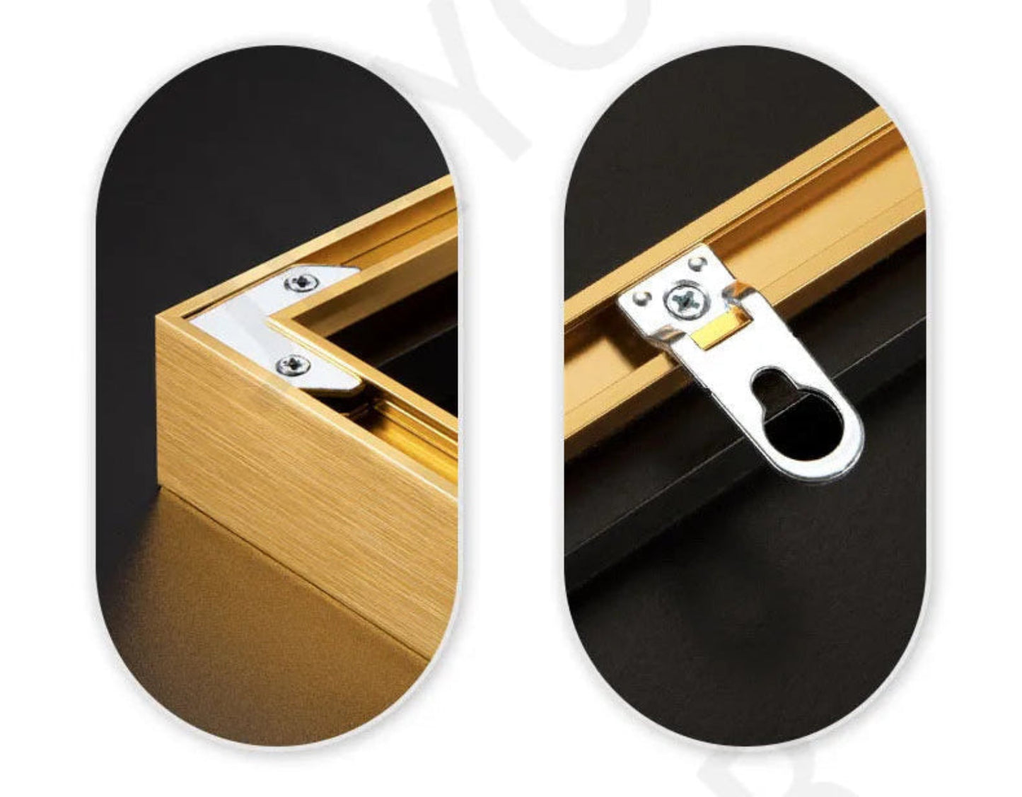 Close-up detail of gold aluminum float frame corner joinery and keyhole hanging bracket hardware for canvas wall art — LivDecor
