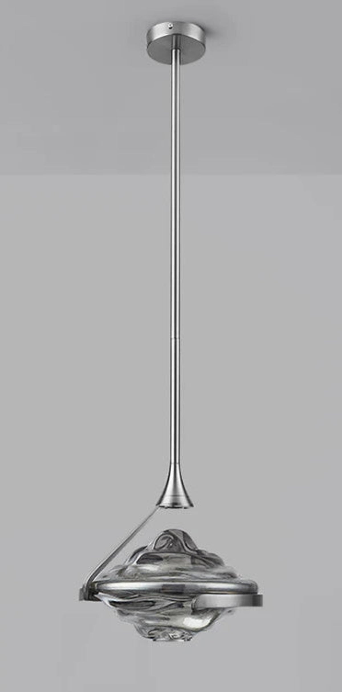 Single charcoal wave glass geometric pendant light on a chrome stem with round ceiling canopy against a grey background — LivDecor