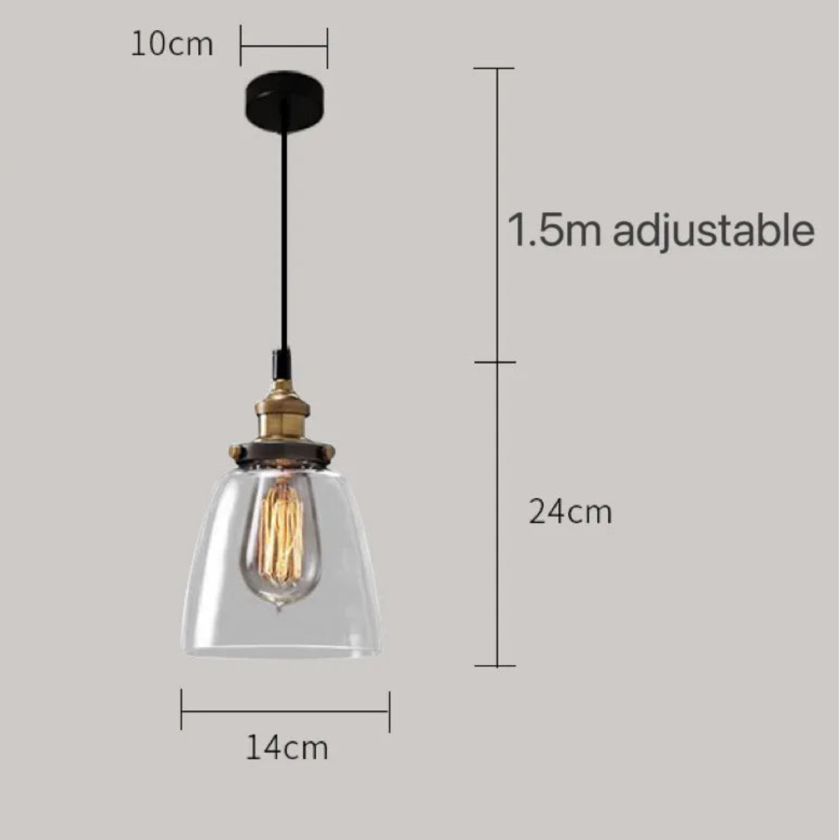 Clear glass bell-shaped pendant light with brass Edison bulb fitting and black cord, showing dimensions of 14cm width and 24cm drop with 1.5m adjustable cord on a grey background — LivDecor