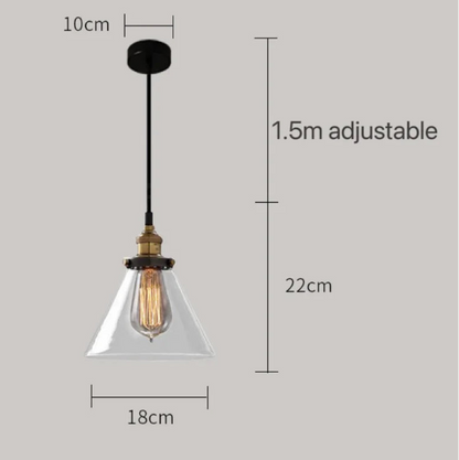 Clear glass cone-shaped pendant light with brass Edison bulb fitting and black cord, showing dimensions of 18cm width and 22cm drop with 1.5m adjustable cord on a grey background — LivDecor