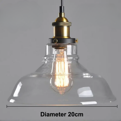 Clear glass dome pendant light with brass Edison fitting and lit filament bulb, showing 20cm diameter on a grey background — LivDecor
