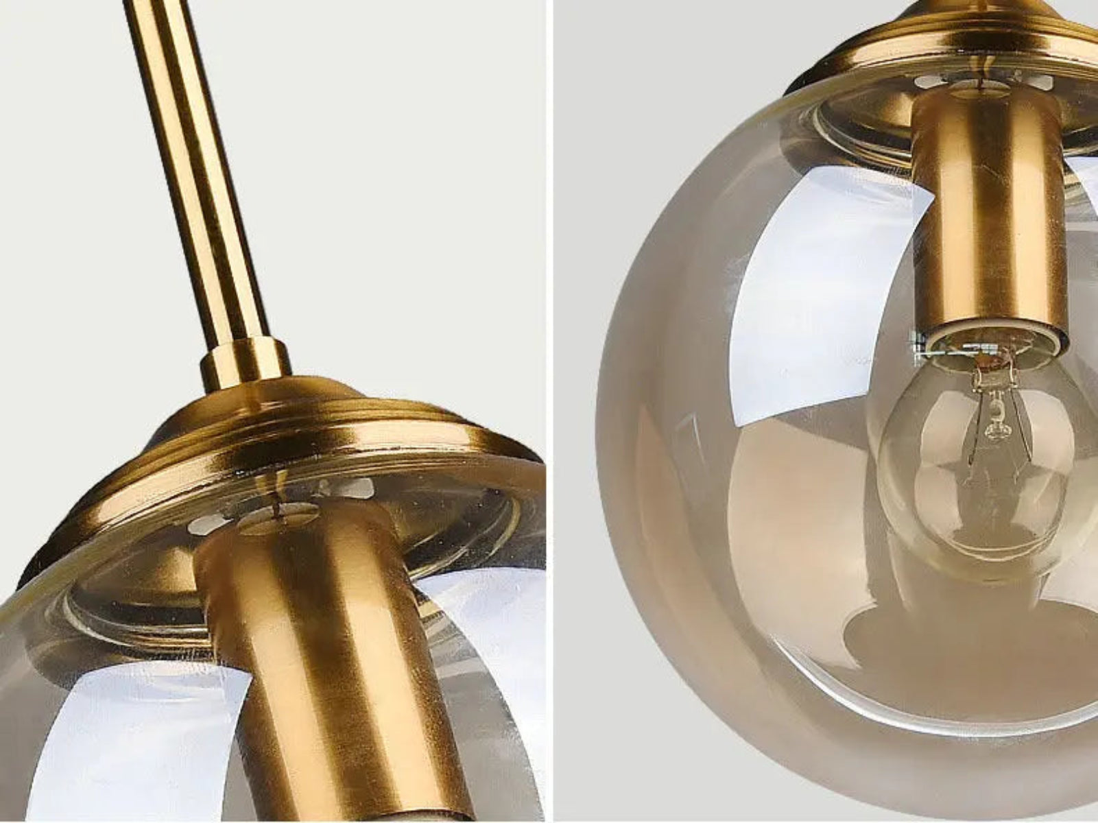 Dual close-up detail of clear glass globe pendant light showing brushed gold rod and fitting on the left and Edison filament bulb inside the globe on the right — LivDecor
