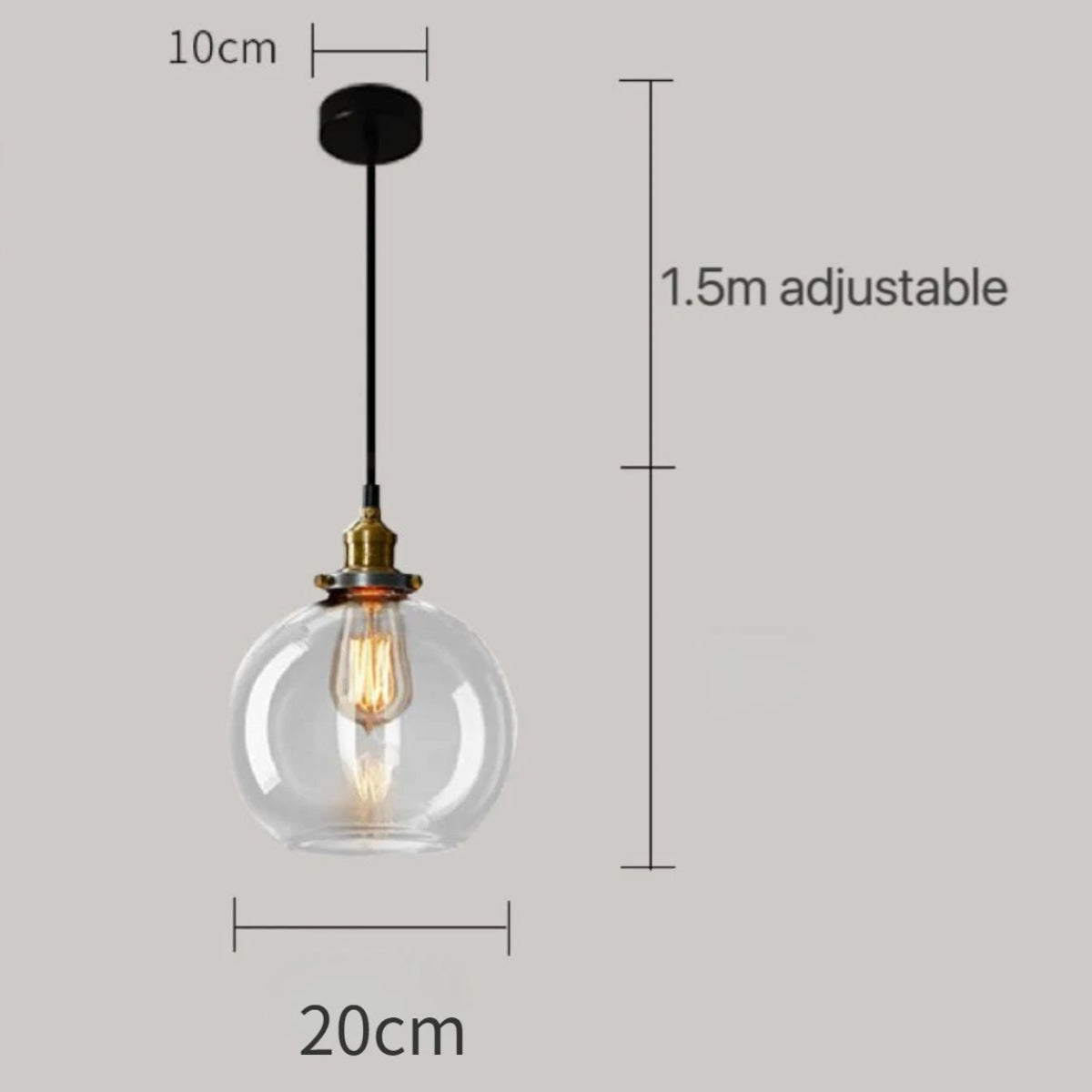Clear glass globe pendant light with brass Edison bulb fitting and black cord, showing 20cm diameter with 1.5m adjustable cord on a grey background — LivDecor
