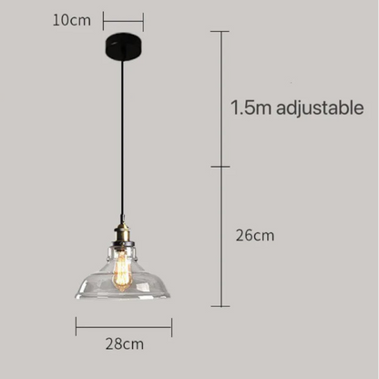 Clear glass industrial dome pendant light with brass Edison bulb fitting and black cord, showing dimensions of 28cm width and 26cm drop with 1.5m adjustable cord on a grey background — LivDecor