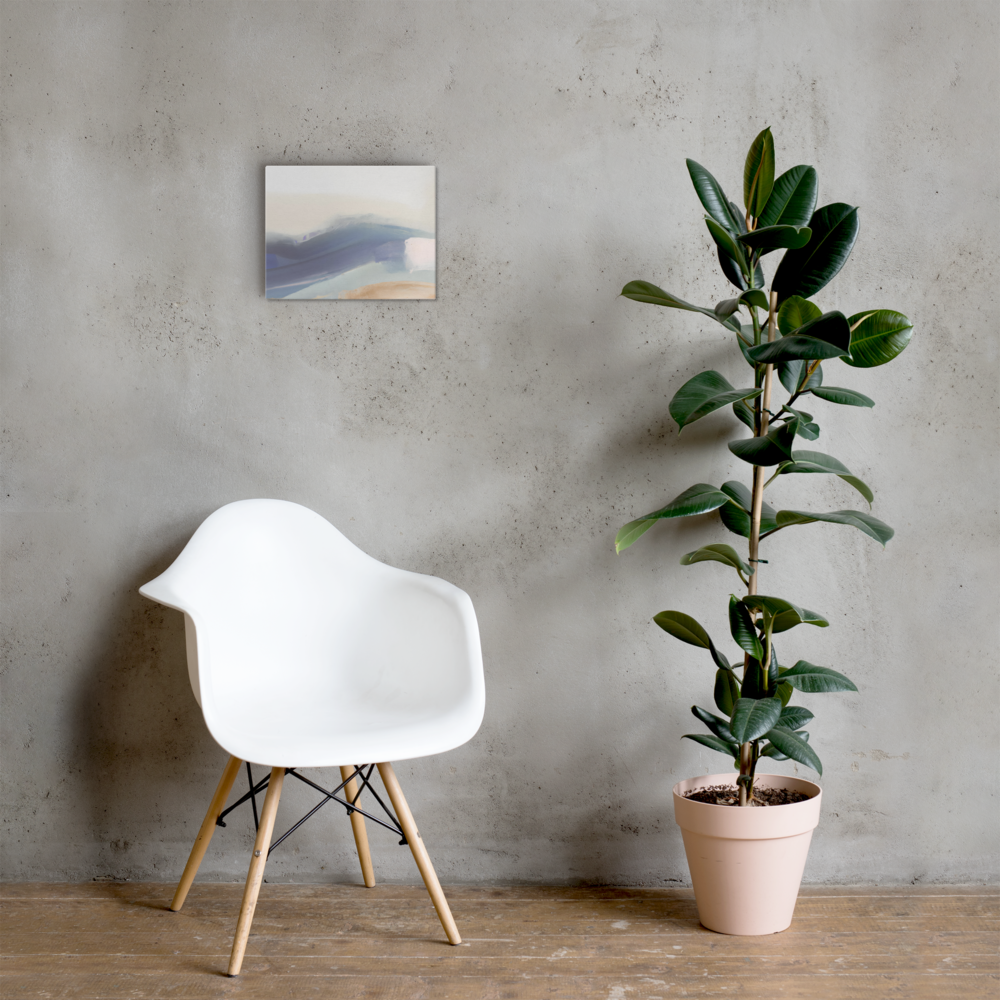 Coastal Drift abstract canvas print in 11×14 hung on a concrete wall above a white Eames-style chair with a rubber plant in a minimalist room — LivDecor
