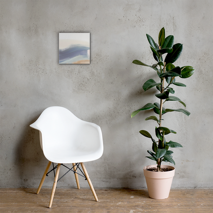 Coastal Drift abstract canvas print in 12×12 square hung on a concrete wall above a white Eames-style chair with a rubber plant in a minimalist room — LivDecor
