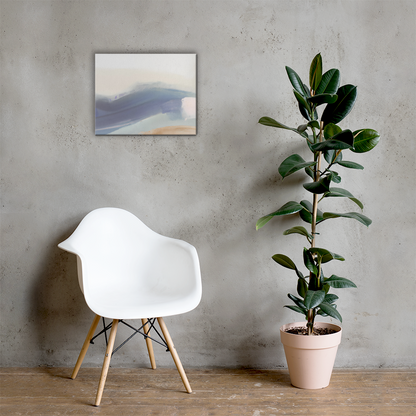 Coastal Drift abstract canvas print in 16×20 hung on a concrete wall above a white Eames-style chair with a rubber plant in a minimalist room — LivDecor
