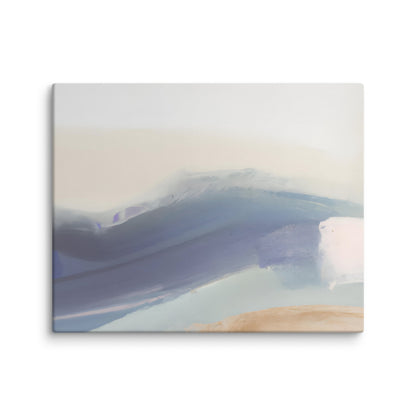 Coastal Drift abstract canvas print featuring a misty watercolor seascape in soft navy, pale blue, and warm sand tones evoking a hazy coastal horizon, 16×20 gallery-wrapped canvas — LivDecor