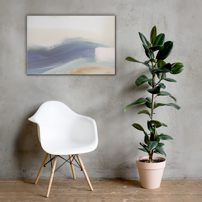 Coastal Drift abstract canvas print in 24×36 hung large on a concrete wall above a white Eames-style chair with a rubber plant in a minimalist room — LivDecor
