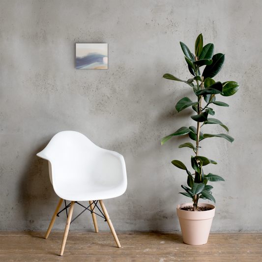 Coastal Drift abstract canvas print in 8×10 hung on a concrete wall above a white Eames-style chair with a rubber plant in a minimalist room — LivDecor
