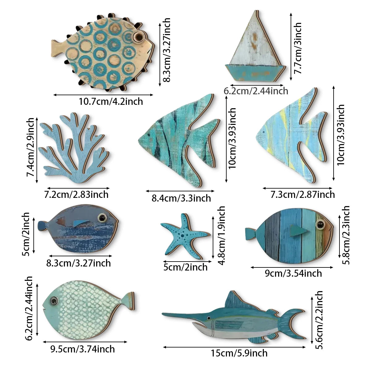 Dimension chart for 10-piece coastal wooden wall art set showing individual sizes of fish, swordfish, coral, starfish, and sailboat pieces in centimeters and inches — LivDecor