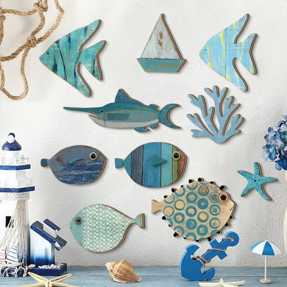 10-piece coastal wooden wall art set mounted on a white wall styled with a lighthouse, anchor, seashells, and nautical decor in blue and teal tones — LivDecor
