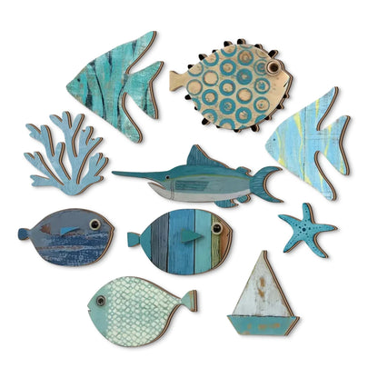 Set of 10 hand-painted wooden coastal wall art pieces including tropical fish, swordfish, starfish, coral, and sailboat in blue and teal tones — LivDecor