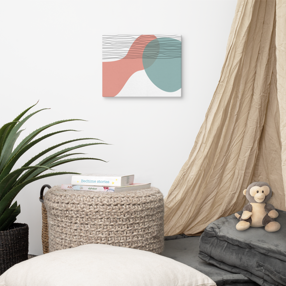 Coral Horizon abstract canvas print in 11×14 hung in a cozy children's reading nook with a linen canopy, woven pouf with bedtime story books, stuffed monkey, and agave plant — LivDecor
