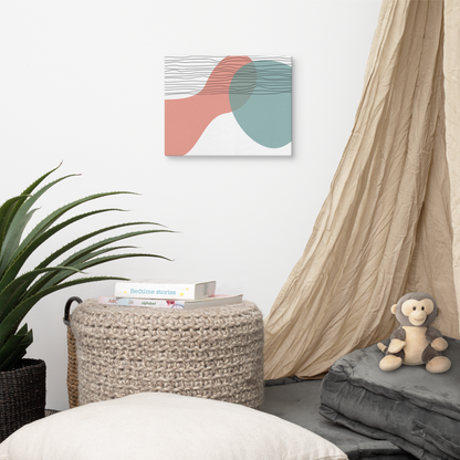 Coral Horizon abstract canvas print in 11×14 hung in a cozy children's reading nook with a linen canopy, woven pouf with bedtime story books, stuffed monkey, and agave plant — LivDecor
