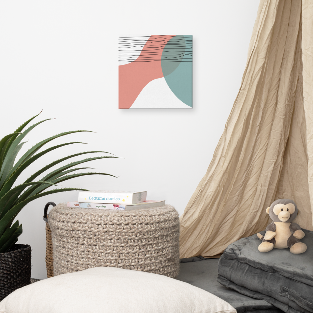 Coral Horizon abstract canvas print in 12×12 square hung in a cozy children's reading nook with a linen canopy, woven pouf with bedtime story books, stuffed monkey, and agave plant — LivDecor
