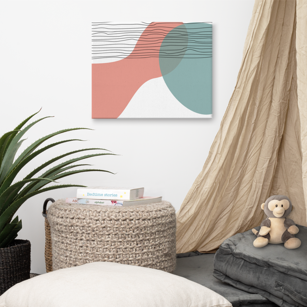 Coral Horizon abstract canvas print in 16×20 hung in a cozy children's reading nook with a linen canopy, woven pouf with bedtime story books, stuffed monkey, and agave plant — LivDecor
