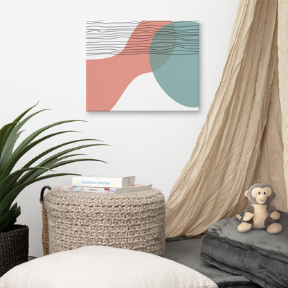 Coral Horizon abstract canvas print in 16×20 hung in a cozy children's reading nook with a linen canopy, woven pouf with bedtime story books, stuffed monkey, and agave plant — LivDecor
