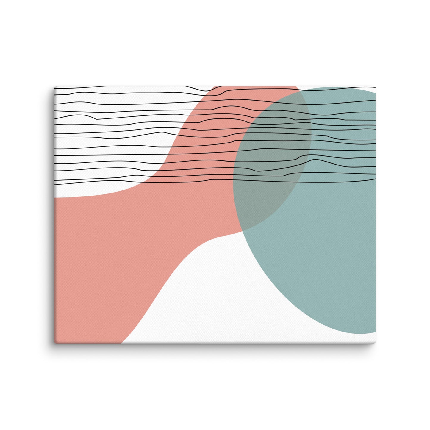 Coral Horizon abstract canvas print featuring blush coral and sage teal organic shapes with linear texture overlay, 16×20 gallery-wrapped canvas — LivDecor