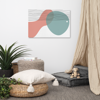Coral Horizon abstract canvas print in 24×36 hung large in a children's reading nook with a linen canopy, floor cushions, woven pouf, stuffed monkey, and ivy plant — LivDecor
