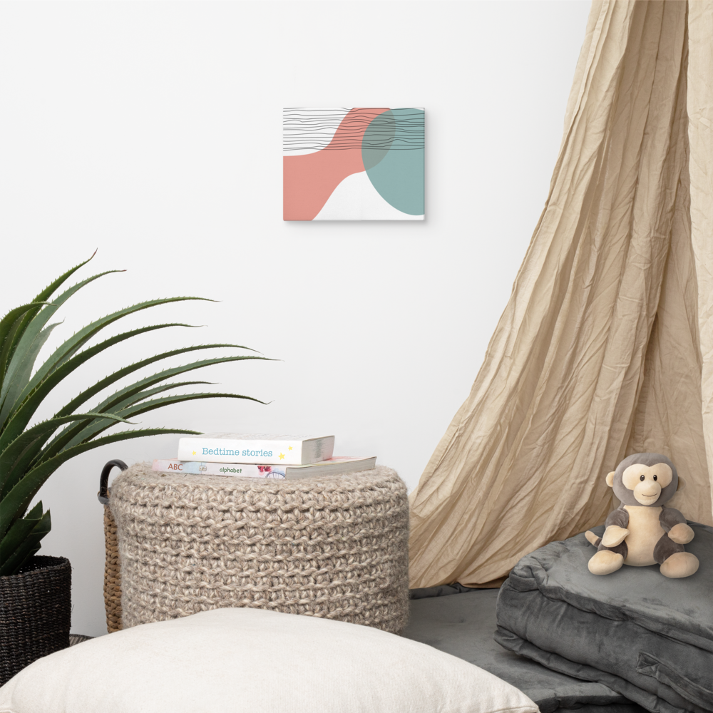 Coral Horizon abstract canvas print in 8×10 hung in a cozy children's reading nook with a linen canopy, woven pouf with bedtime story books, stuffed monkey, and agave plant — LivDecor
