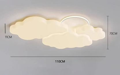 Dimension diagram of the Cumulus Luxe cream sculptural cloud LED ceiling light showing 110cm width, 70cm depth, and 11cm height measurements on grey background — LivDecor
