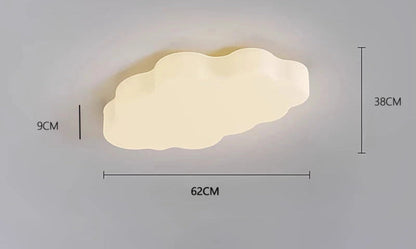 Dimension diagram of the Cumulus Luxe cream sculptural cloud LED ceiling light showing 62cm width, 38cm depth, and 9cm height measurements on grey background — LivDecor
