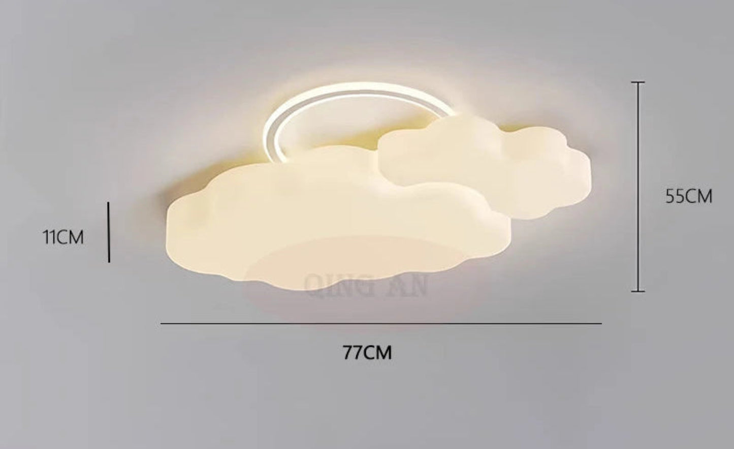 Dimension diagram of the Cumulus Luxe cream sculptural cloud LED ceiling light showing 77cm width, 55cm depth, and 11cm height measurements on grey background — LivDecor
