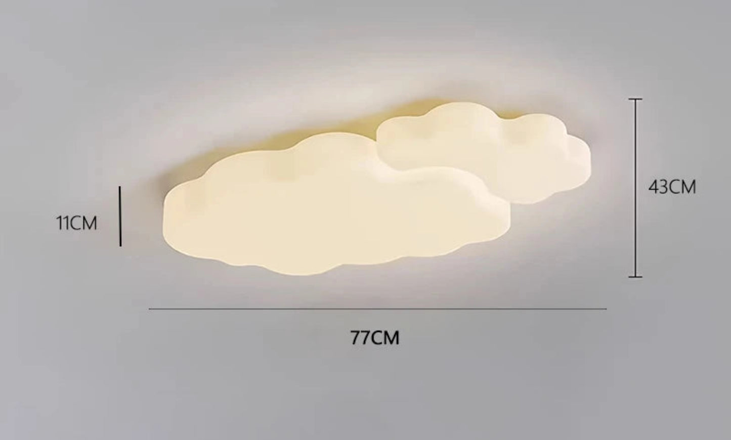 Dimension diagram of the Cumulus Luxe cream sculptural cloud LED ceiling light without halo ring showing 77cm width, 43cm depth, and 11cm height measurements on grey background — LivDecor
