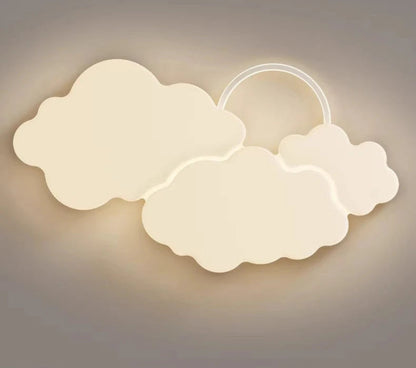 Cumulus Luxe cream sculptural double cloud LED ceiling light with halo ring glowing warm white against a neutral grey background, clean product shot — LivDecor
