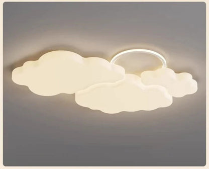 Cumulus Luxe cream sculptural cloud LED ceiling light with halo ring glowing warm white mounted on a grey ceiling, full product view — LivDecor
