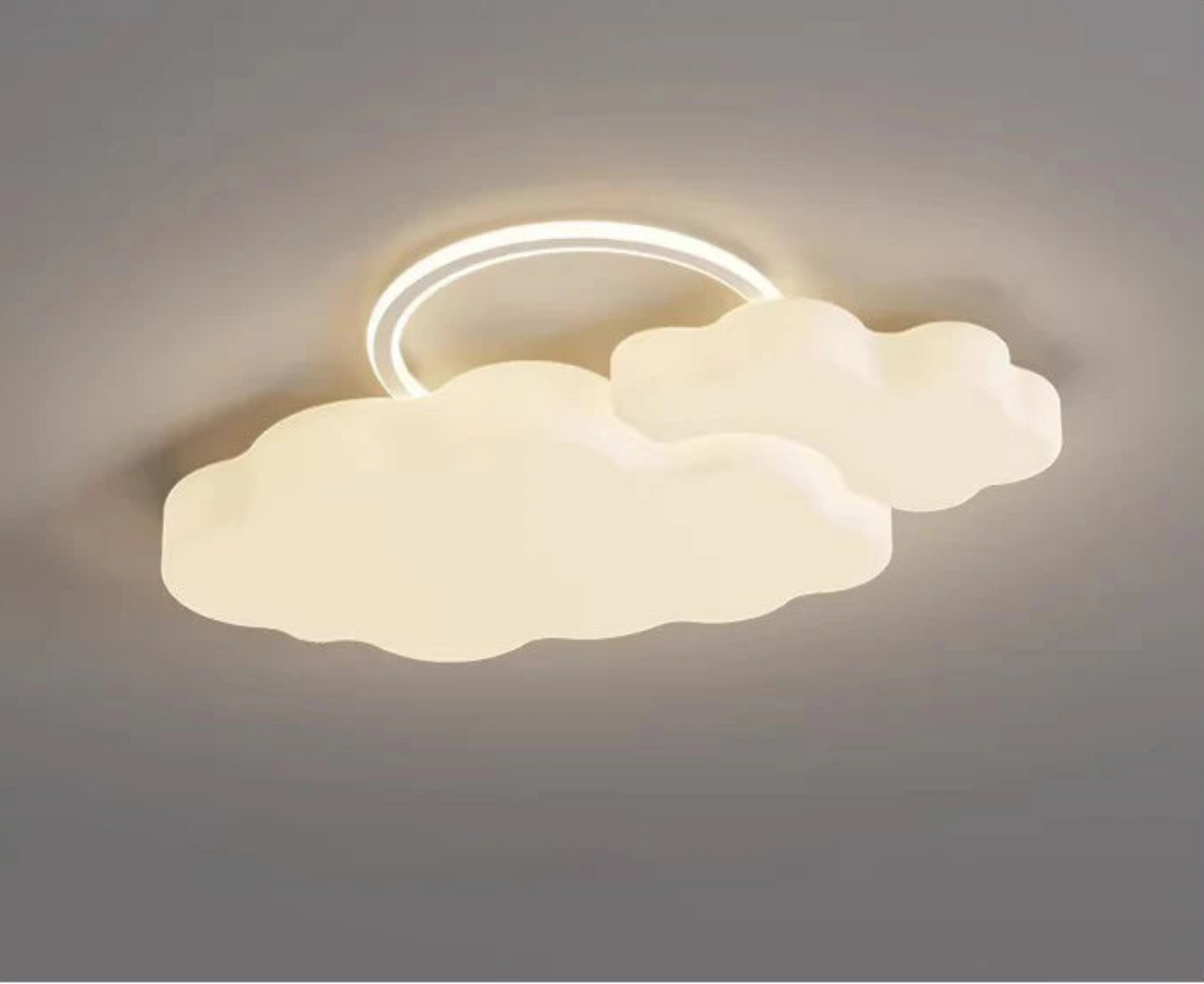Cumulus Luxe cream sculptural cloud LED ceiling light with prominent halo ring glowing warm white mounted on a grey ceiling, full product view — LivDecor
