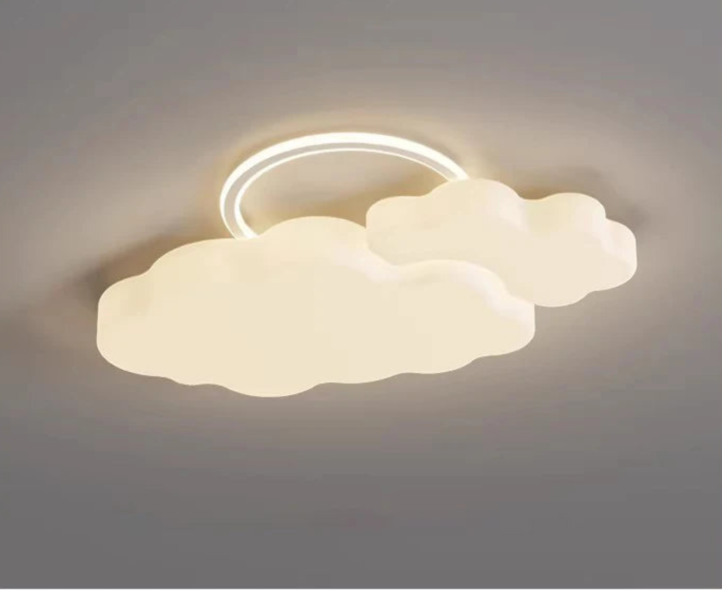 Cumulus Luxe cream sculptural cloud LED ceiling light with prominent halo ring glowing warm white mounted on a grey ceiling, full product view — LivDecor
