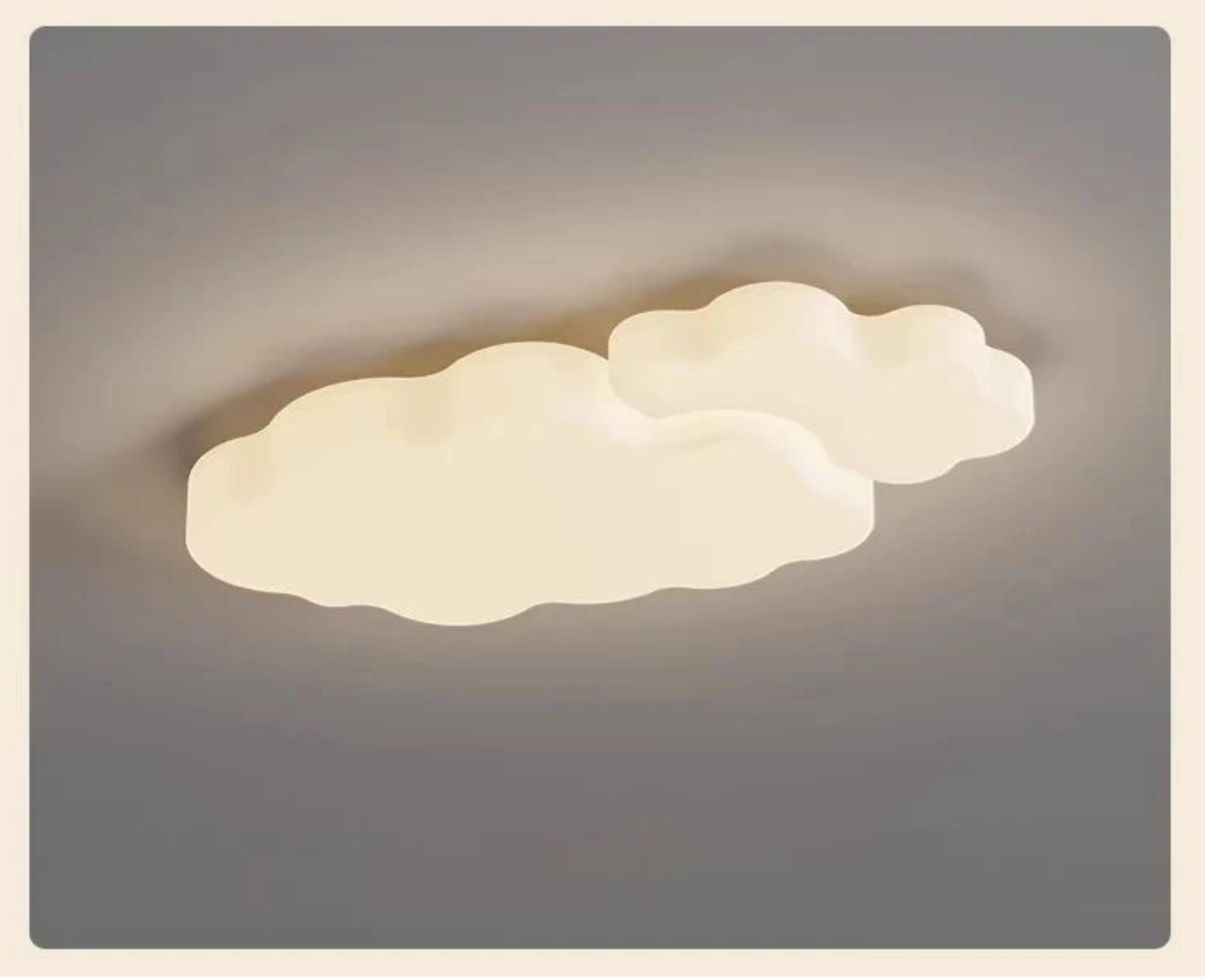 Cumulus Luxe cream sculptural cloud LED ceiling light without halo ring glowing warm white mounted on a grey ceiling, full product view — LivDecor
