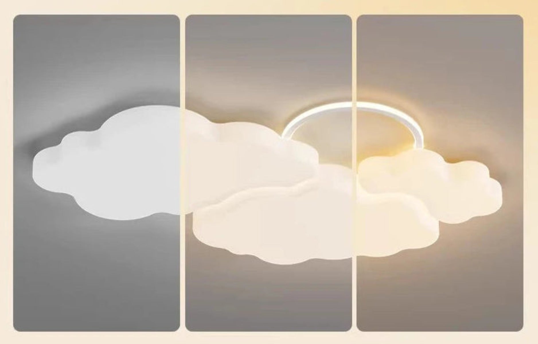 Cumulus Luxe cream sculptural cloud LED ceiling light tricolor mode comparison showing cool white, neutral white, and warm white light settings side by side — LivDecor
