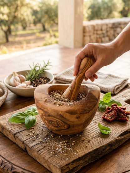 Handcrafted Olive Wood Mortar & Pestle Set — Mediterranean Rustic Style