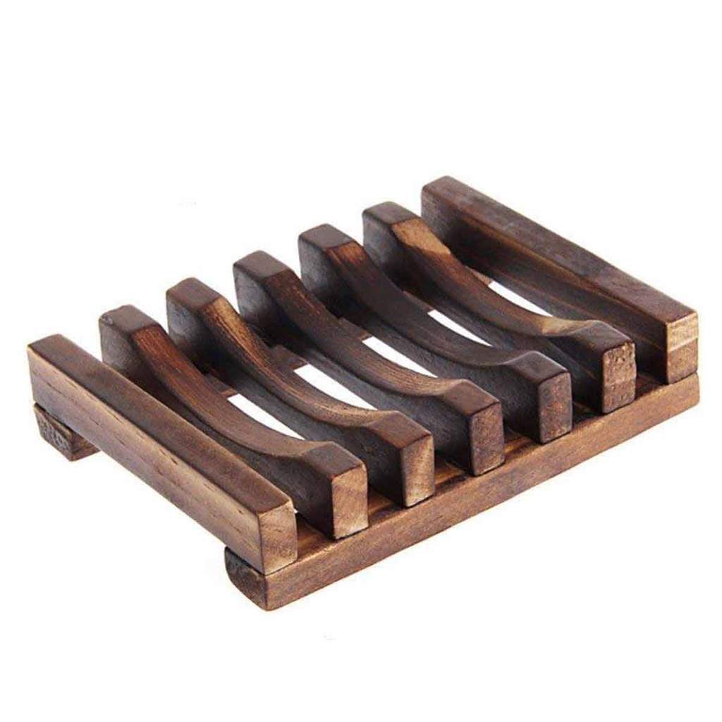 Wooden Soap Dish — Slatted Teak Style Soap Holder for Bathroom Counter