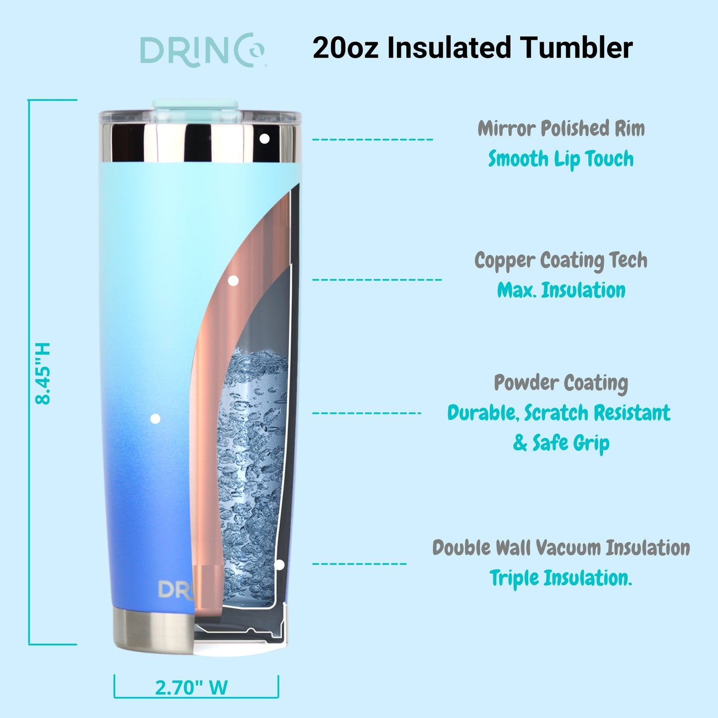 DRINCO® 20 oz. Insulated Tumbler with Spill-Proof Lid — Sky Blue