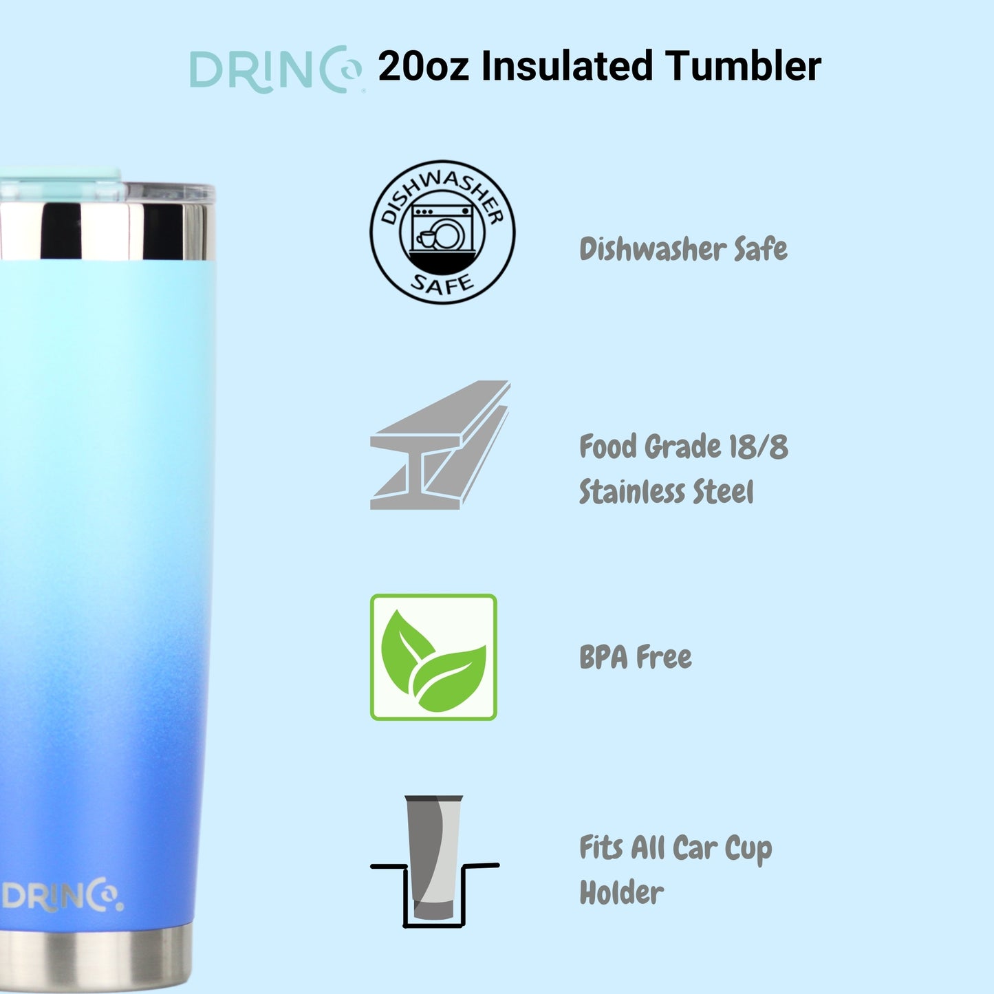 DRINCO® 20 oz. Insulated Tumbler with Spill-Proof Lid — Sky Blue