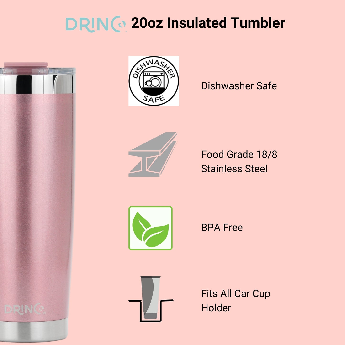 DRINCO® 20 oz. Insulated Tumbler with Spill-Proof Lid — Rose Gold