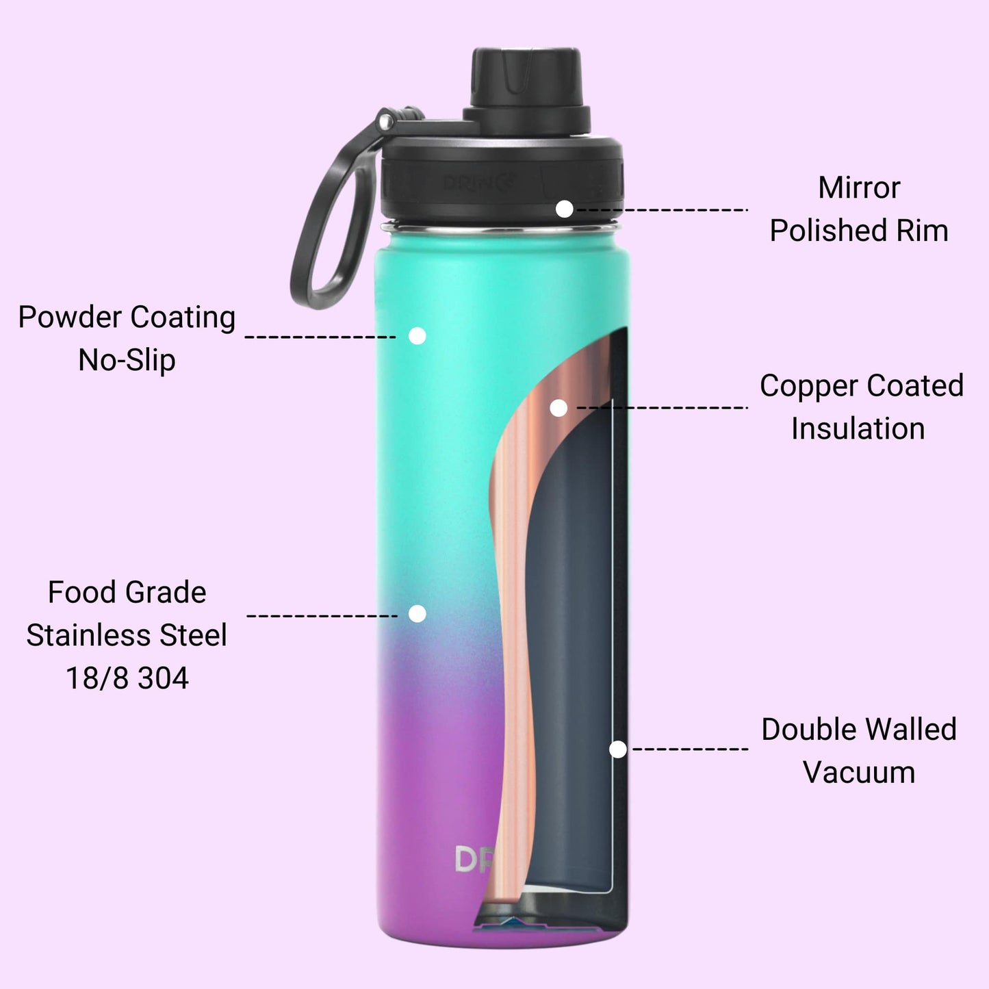 DRINCO® 22 oz. Insulated Stainless Steel Water Bottle — Ombre Fuchsia Teal